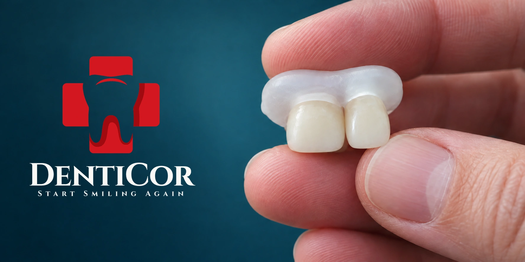 Két Denticor korona DentiFlex anyaggal összekapcsolva, ujjak között tartva